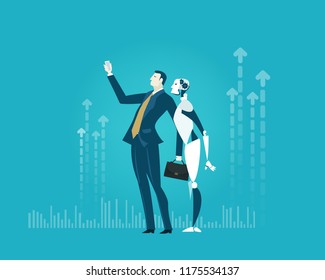 Businessmen and robot making selfie on the phone with trophy. Seccsess and share information 