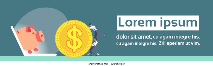 businessmen rolling dollar coin laptop screen piggy bank online money savings concept flat teamwork cash investment horizontal banner copy space vector illustration