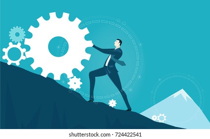 Businessmen rolling the gear up to the mountain peak. Winning, leading and delivering concept illustration