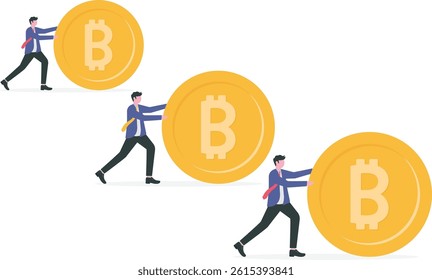 Businessmen rolling and pushing Bitcoin coins smoothly to the goal of success. business finance. leadership.

