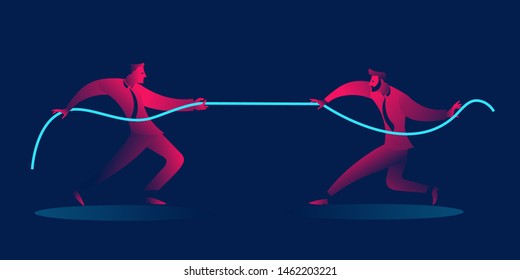 businessmen rope pulling. competition, conflict, battle, tug war, rivalry business concept in red and blue neon gradients