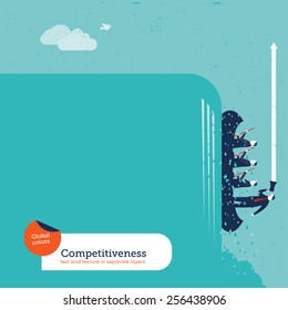 Businessmen rowers with coach on a cascade upwards. Vector illustration Eps10 file. Global colors. Text and Texture in separate layers.
