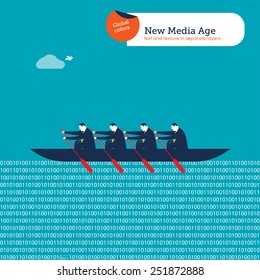 Businessmen and rowers in a digital sea. Vector illustration Eps10 file. Global colors. Text and Texture in separate layers.