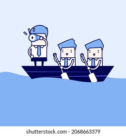 Businessmen in rowing boat two rowers one captain manager boss leader. Cartoon character thin line style vector.