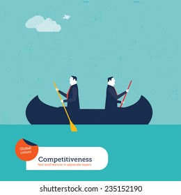 Businessmen Rowing In Opposite Directions. Vector Illustration Eps10 File. Global Colors. Text And Texture In Separate Layers.