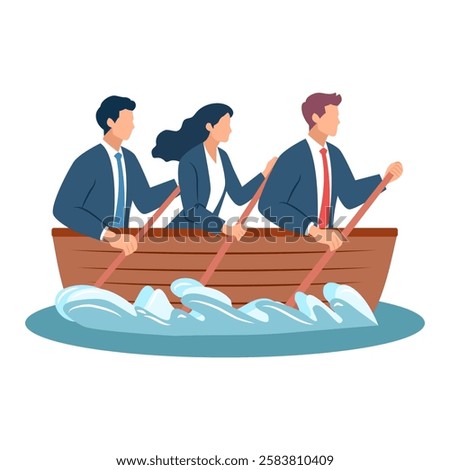 Businessmen rowing the same boat, working together to reach the shore, just like working as a team to achieve business goals.