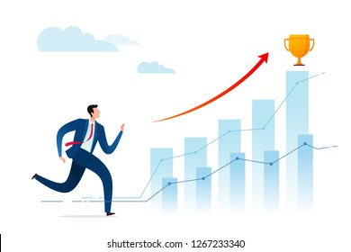 Businessmen run to achieve better achievements and get award trophies. Business concept vector illustration.