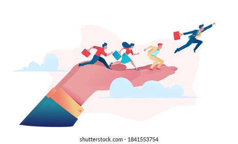 Businessmen run along big hand and fly up above clouds. Metaphor of sponsor or patron helps young business. Business opportunity concept. Flat vector illustration