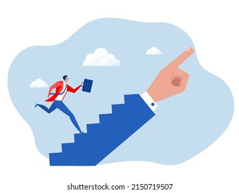 Businessmen run along big hand of leader. Pointing direction competition concept. Business opportunity concept. 