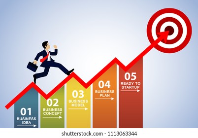 Businessmen run up the arrow to higher goal success. concept five step before starting a business. bar graph. infographic. cartoon. leadership. creative idea. Vector illustration