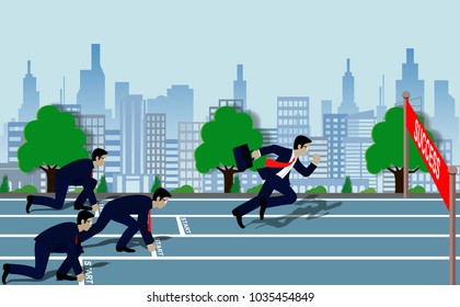Businessmen run to the finish line to success in business Concept.  Cartoon, vector illustration.