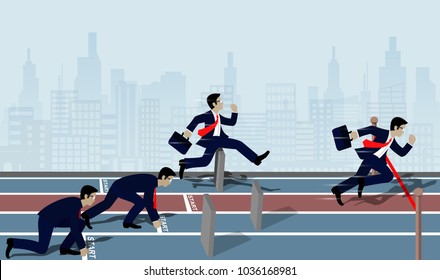 Businessmen run to the finish line to success in business Concept. There are Barriers . The wall is blocking the way ahead.  Cartoon, vector illustration.