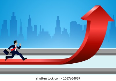Businessmen run on arrows red and change directions to goal to achieve success. go to target growth. Leadership. Modern ideas, creativity. Business Concept Vector Illustration
