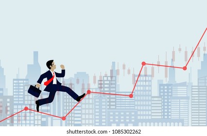 Businessmen run on chart Graph line to goal to achieve success. go to target growth. Leadership. Modern ideas, creativity. business concept background human city Vector Illustration