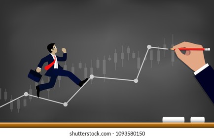 Businessmen run on chart Graph line to goal to achieve success drawing on blackboard background. go to target growth. Leadership. Modern ideas, creativity. business concept. Vector Illustration