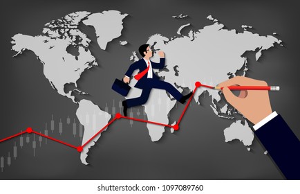 Businessmen run on chart graph line to goal to achieve success. go to target growth. Leadership Modern idea, creativity. business concept drawing on blackboard background chart map vector Illustration