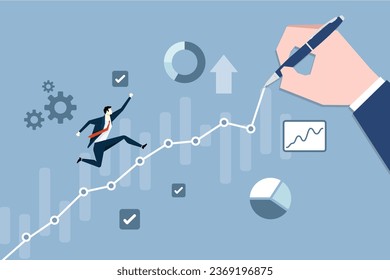 Businessmen run on chart graph line to goal to achieve success drawing on blue background