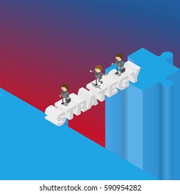 Businessmen run over abyss gulf bridge build with strategy word.