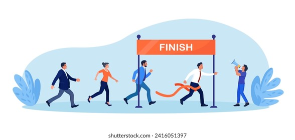 Businessmen run race crossing finish line. Team leader finish first. Business success or achievement, skill or effort to succeed in work. Competitive process in business. Way to achieve the goal