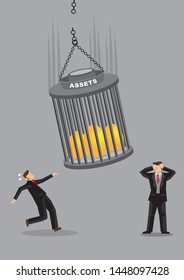Businessmen running away from the fallen assets including golden eggs. Concept of crisis or bankruptcy problem. Flat isolated vector illustration.