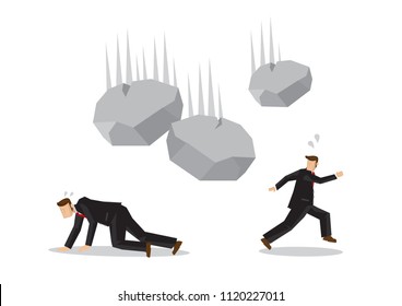Businessmen running away from falling rocks. Concept of crisis happening in the corporate world. Vector illustration.