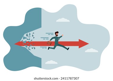 Businessmen running break the wall. Courage and motivation to break through walls. Obstacles or problems. Challenge to escape from the safe zone. Success concept. Vector illustration flat design style