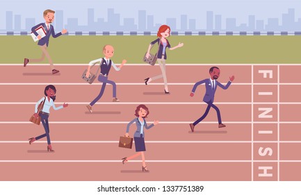 Businessmen running at business competition. Rivalry race between companies or managers, office workers in motivational contest, employees establishing professional superiority. Vector illustration