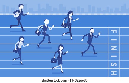 Businessmen running at business competition. Rivalry race between companies or managers, workers in motivational contest, employees establishing superiority. Vector illustration, faceless characters
