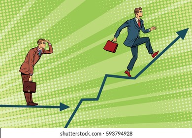 Businessmen running chart growth and look forward. Pop art retro vector illustration. Financial results