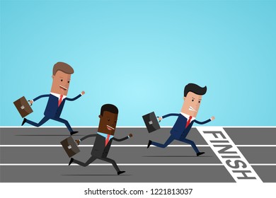 Businessmen running to finish on running track, business goal concept. Race. Businessmen running down the track. Vector illustration