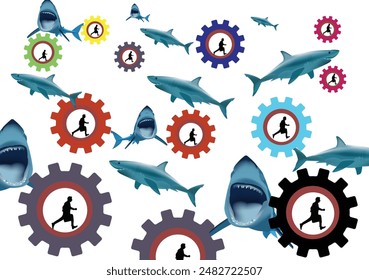 Businessmen running in gears chased by sharks in business competition