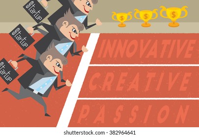 Businessmen running and holding their bags with business startup concept.