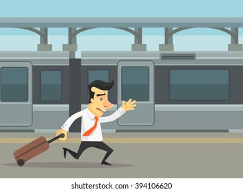 Businessmen running and missed train. Vector flat cartoon illustration