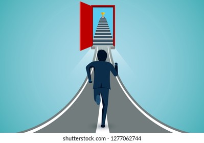 Businessmen are running on the arrow to the Red door with trophy target. business finance concept. creative idea. leadership concept. illustration cartoon vector