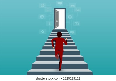 Businessmen are  running up the staircase to the door. go to success goal. business finance concept. creative idea. leadership concept. startup. illustration cartoon vector