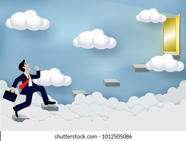 Businessmen are running up the stairs to the sky door. To achieve success in life and progress in the work. From the highest organization Business Finance Concepts. cartoon, Vector illustrations
