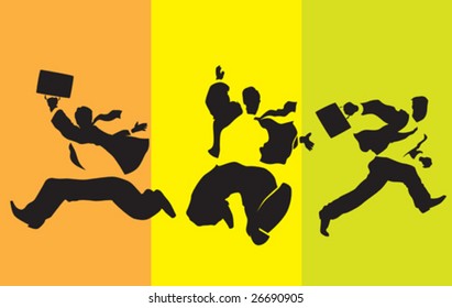 Businessmen running in three directions. Vector illustration.