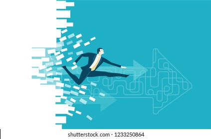 Businessmen running through the brick wall, destroying everything on the way to success. Business concept illustration