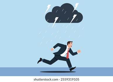 Businessmen running under storm clouds, lightning, and rain. Concept of crisis, catastrophe, misfortune, escaping disaster, failure, stress, anxiety, work pressure, problem-solving, and adversity.
