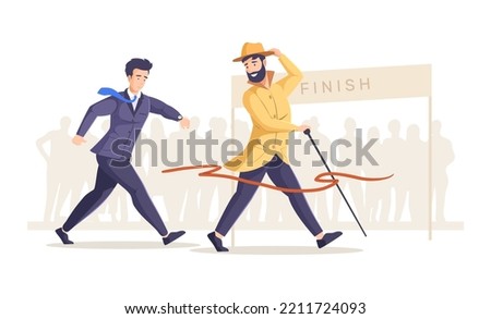 Businessmen rushing to finish line, business competition concept. Successful leader man crossing finish line with red ribbon. Business people achieving goals. Race for success, leadership vector