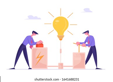 Businessmen Searching Creative Idea Concept. Business People Push Huge Lever Arm and Red Button for Launching Huge Glowing Light Bulb. Creativity Process, Brainstorm. Cartoon Flat Vector Illustration