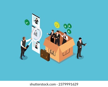 Businessmen select staff. Group of job seekers sitting in box isometric 3d vector illustration concept