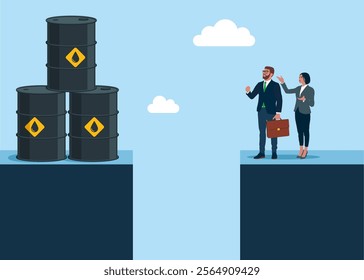 Businessmen separated from barrels of oil by large cliff in ground. Oil issues. Modern flat vector illustration