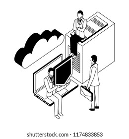 businessmen with server data laptop shield cloud storage
