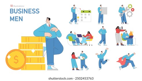 Businessmen set. Corporate activities and leadership scenarios in various business settings. Strategy, teamwork, and success. Vector illustration.