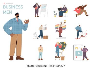 Businessmen set. Corporate professionals in various activities, from presentations to achievements. Corporate lifestyle, diverse tasks, and success themes. Vector illustration.