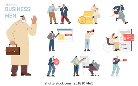 Empresários definidos. Personagens diversos em cenários corporativos envolvidos em reuniões, tarefas financeiras e apresentações. Dinâmica moderna do local de trabalho. Ilustração vetorial.