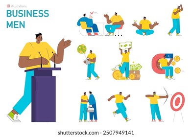 Businessmen set. Diverse corporate scenarios with presentations, investments, and goal setting. Corporate strategy, financial success, and teamwork. Vector illustration.