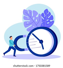 Businessmen Set Large Clocks On A White Background, The Concept Of Work Time Management, Rapid Response To Enlightenment, Transfer Of Time Back. Modern Vector Illustration.