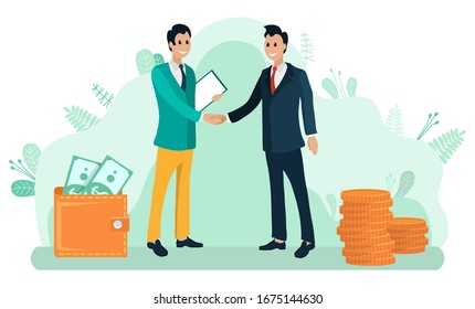 Businessmen shacking hands and discussing a deal and business issues. Work collaboration, workers communicate, partnership, wallet with cash, gold coins vector svg